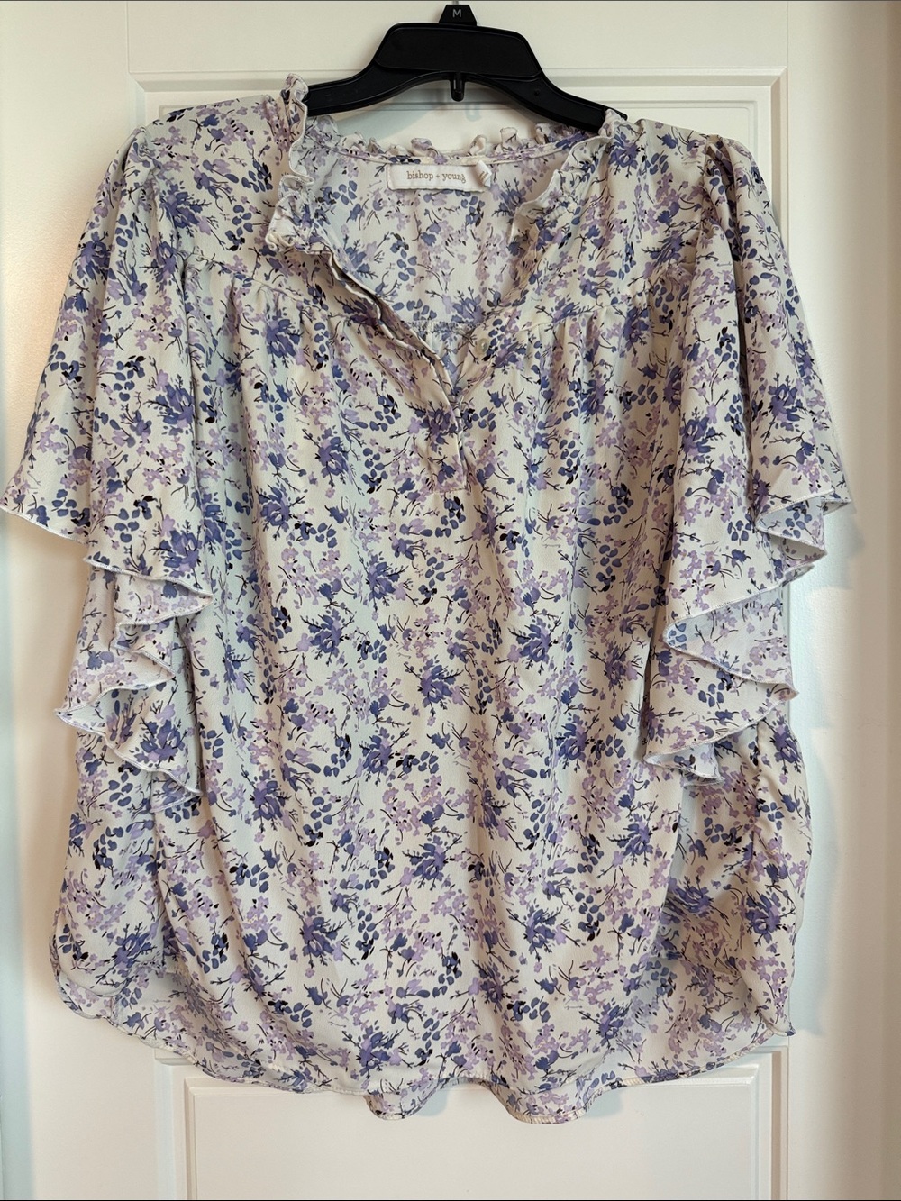 bishop + young cream blouse with purple floral print size large
